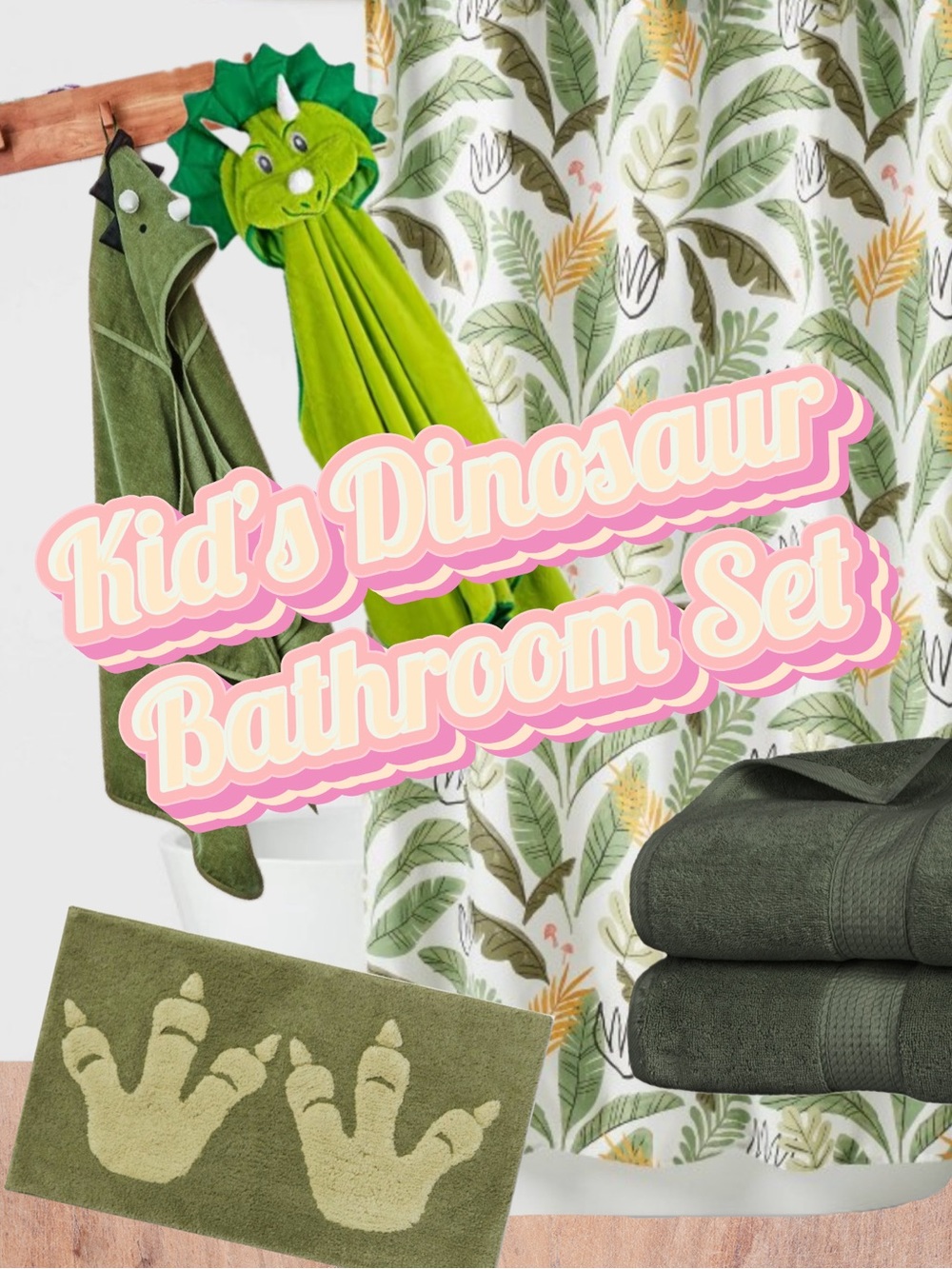 Kids Dinosaur Bathroom Set - Shower Curtain, Hooded Towels and Mat